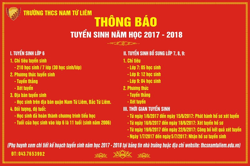 Thông báo tuyển sinh năm học 2017 -2018